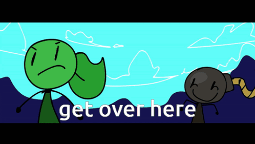 A Cartoon Character With A Green Leaf And The Words Get Over Here Below It GIF