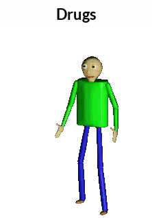 a cartoon character with a green shirt and blue pants is standing in front of a sign that says drugs
