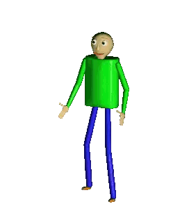 a cartoon character with a green shirt and blue pants is standing on a white background