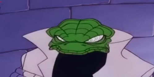 A Cartoon Character With A Green Snake Head And A White Coat Is Standing In Front Of A Brick Wall . GIF
