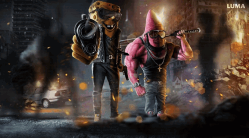 A Cartoon Character With A Gun And A Sword With The Word Luma On The Bottom Right GIF