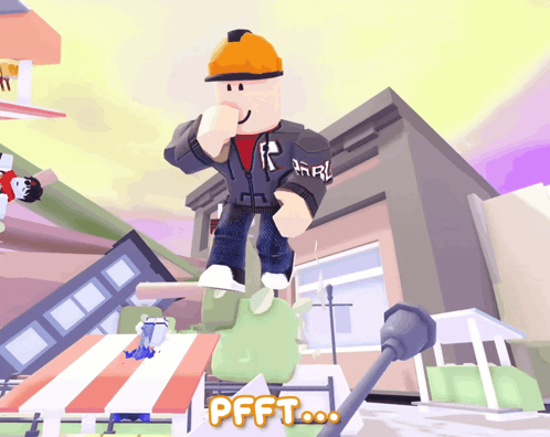 A Cartoon Character With A Hard Hat And The Word Pfft On The Bottom Right GIF