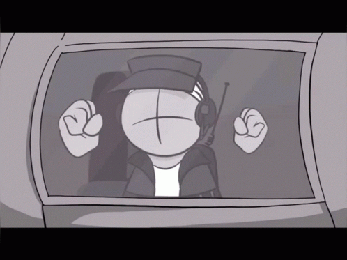 A Cartoon Character With A Hat And Headphones Looks Out Of A Window GIF