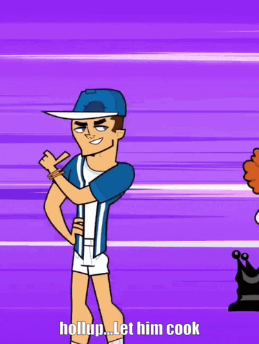 A Cartoon Character With A Hat And Shorts Says " Houp Let Him Cook " GIF
