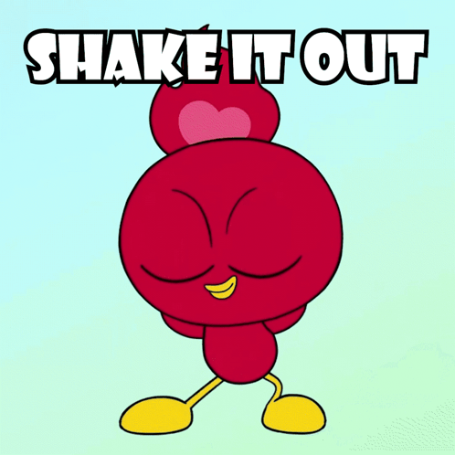 A Cartoon Character With A Heart On His Head And The Words Shake It Out Above Him GIF