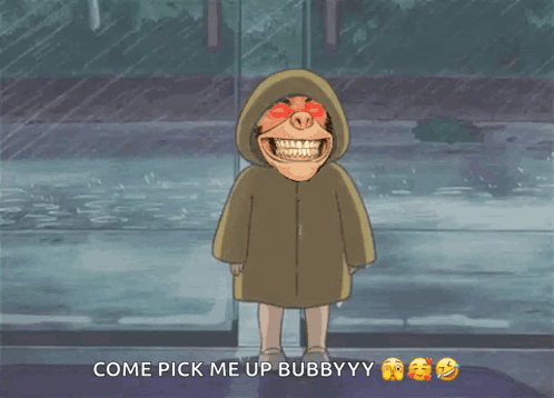 A Cartoon Character With A Hood And Red Eyes Says Come Pick Me Up Bubbyy GIF