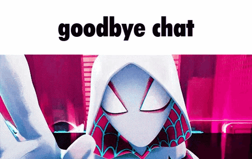 A Cartoon Character With A Hood And The Words `` Goodbye Chat '' On The Bottom . GIF
