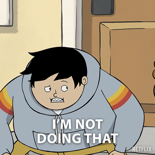 A Cartoon Character With A Hoodie That Says I 'M Not Doing That On It GIF