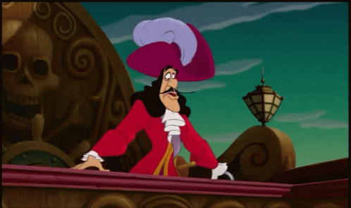 A Cartoon Character With A Hook In His Hand And A Skull In The Background GIF