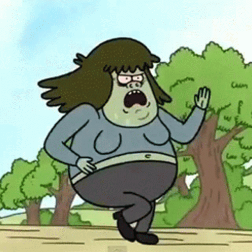 A Cartoon Character With A Huge Belly Is Standing In A Park GIF