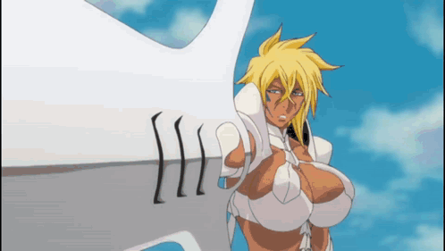 A Cartoon Character With A Huge Breast Is Holding A Sword GIF