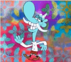 A Cartoon Character With A Huge Smile On His Face Is Standing On A Colorful Background GIF