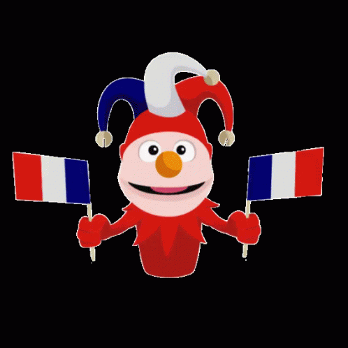 A Cartoon Character With A Jester Hat Holding Two French Flags GIF