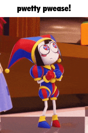 A Cartoon Character With A Jester Hat Says Pwetty Pwease On The Bottom GIF