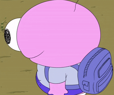 A Cartoon Character With A Large Pink Eye And A Blue Backpack GIF