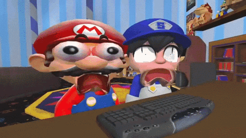 A Cartoon Character With A M On His Hat Is Looking At A Keyboard GIF