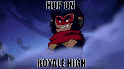 A Cartoon Character With A Mask And The Words Hop On Royale High GIF