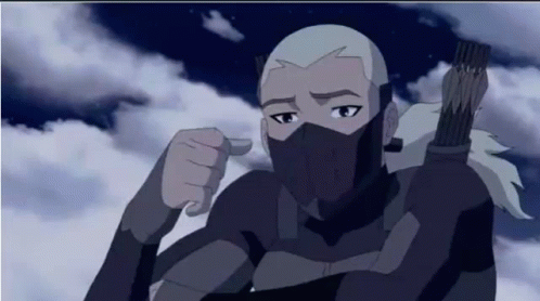 A Cartoon Character With A Mask On His Face Is Pointing At The Camera . GIF