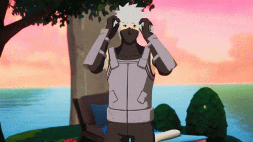 A Cartoon Character With A Mask On His Face Is Standing In Front Of A Body Of Water GIF