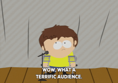 A Cartoon Character With A Microphone And The Words Wow What A Terrific Audience GIF