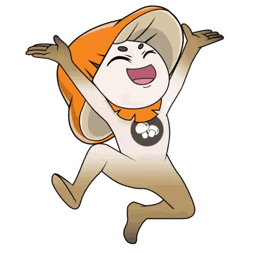 a cartoon character with a mushroom on his chest is jumping in the air with his arms outstretched