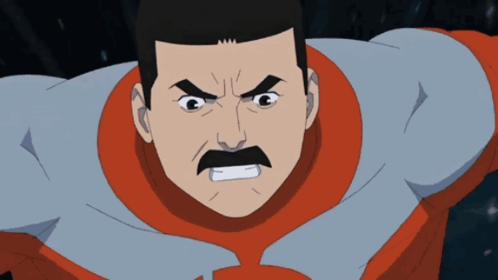 a cartoon character with a mustache and a gray and red suit