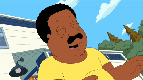 a cartoon character with a mustache and a yellow shirt is standing in front of a house