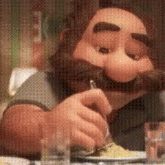 A Cartoon Character With A Mustache And Beard Is Sitting At A Table Eating Food . GIF