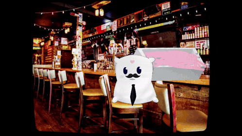 a cartoon character with a mustache is sitting at a bar with a sign that says ' beer ' on it