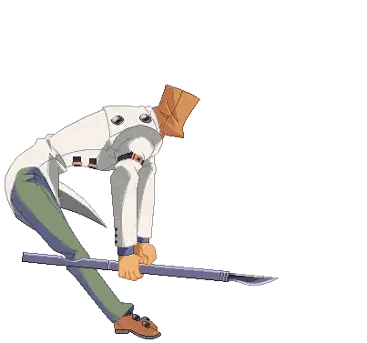 a cartoon character with a paper bag on his head is holding a long stick