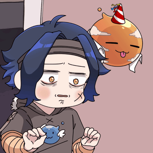 A Cartoon Character With A Party Hat On Their Head GIF