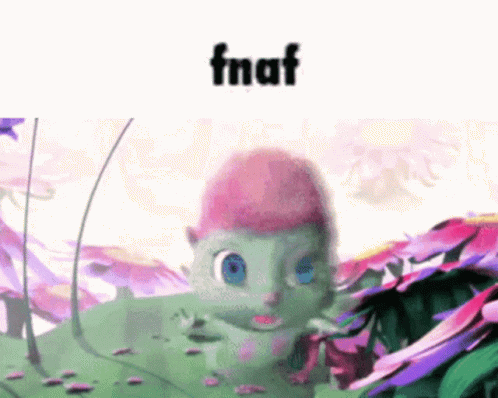 A Cartoon Character With A Pink Head And Blue Eyes Is Surrounded By Flowers And Plants . GIF