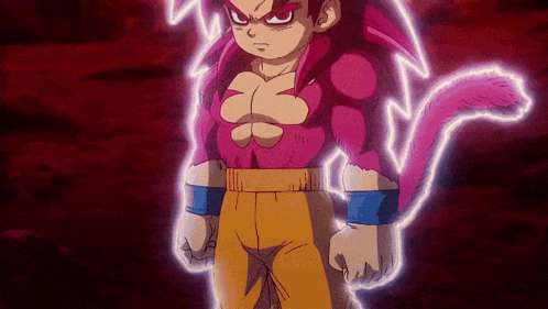 A Cartoon Character With A Pink Tail Is Standing In Front Of A Dark Background . GIF