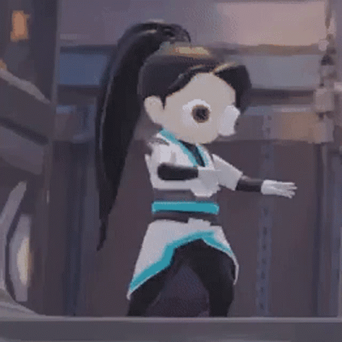 a cartoon character with a ponytail and big eyes is standing on a balcony .