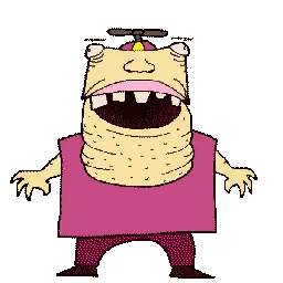 a cartoon character with a propeller on his head and a pink shirt