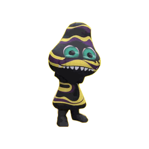 a cartoon character with a purple and yellow striped shirt