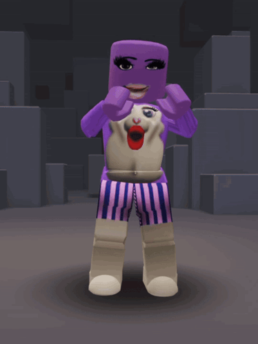 a cartoon character with a purple face and striped pants