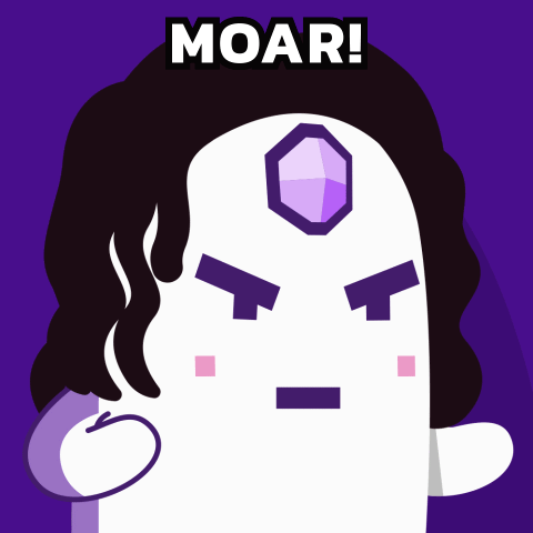A Cartoon Character With A Purple Face And The Word Moar On Top Of It GIF