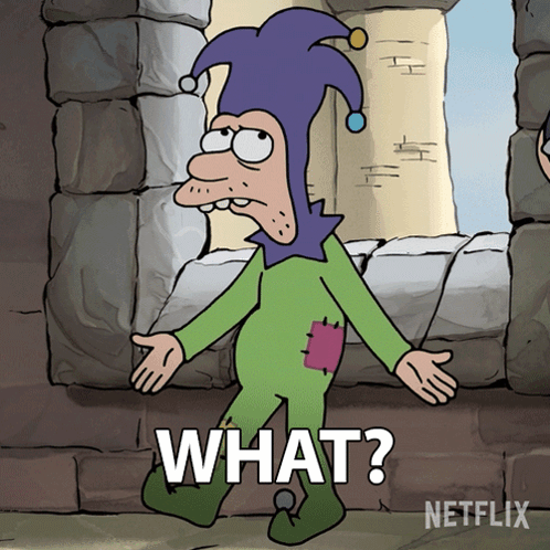 A Cartoon Character With A Purple Hat And A Green Outfit Says " What " GIF