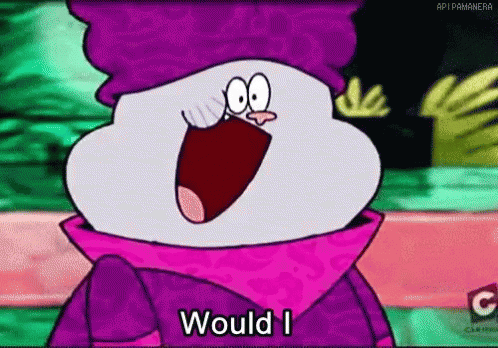 A Cartoon Character With A Purple Hat And A Pink Scarf Says Would I . GIF