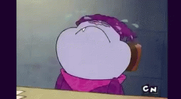 A Cartoon Character With A Purple Hat And A Scarf Is Standing In Front Of A Cn Logo . GIF