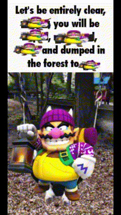 A Cartoon Character With A Purple Hat And A Yellow Apron Is Standing In The Woods Holding A Lantern . GIF