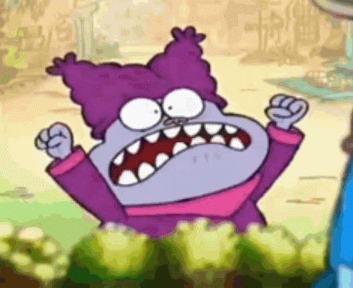A Cartoon Character With A Purple Hat Is Making A Funny Face With His Mouth Open And His Fists In The Air . GIF