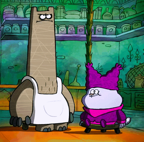 A Cartoon Character With A Purple Hat Is Standing Next To Another Cartoon Character GIF