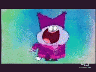 A Cartoon Character With A Purple Hat Is Standing On A Green Background GIF