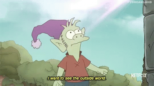 A Cartoon Character With A Purple Hat Says I Want To See The Outside World . GIF