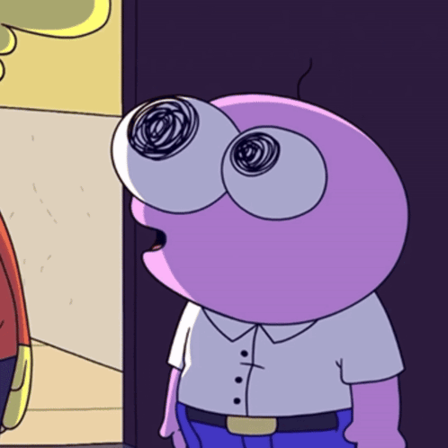 A Cartoon Character With A Purple Head And A White Shirt GIF
