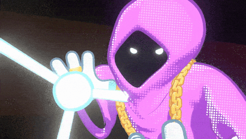 A Cartoon Character With A Purple Hood And Gold Chains GIF