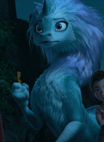 a cartoon character with a purple mane is eating something
