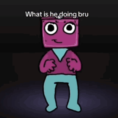 A Cartoon Character With A Purple Shirt And Blue Pants Says What Is He Doing Bru . GIF